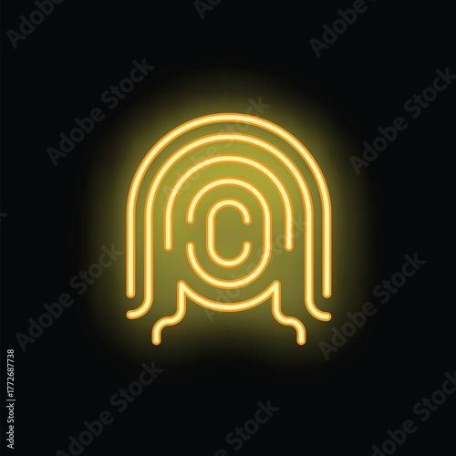 Yellow neon sign of a fingerprint glowing on a black background