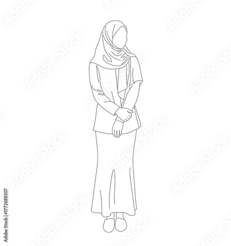 Minimalist line drawing of a woman wearing a hijab and modest clothing vector illustration vector