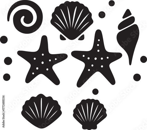 Sea Shells and Starfish Set Silhouette Vector Illustration