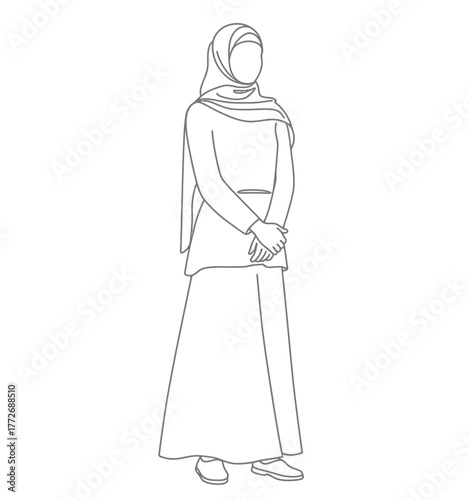 Minimalist line drawing illustration of a woman wearing a hijab and modest dress scalable vector eps vector