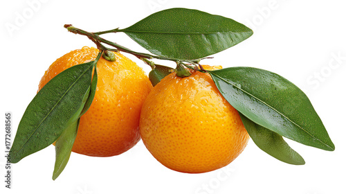 Two tangerines with leaves isolated on transparent background