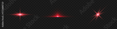 Collection of red lens flares, light sources, and star bursts with transparent backgrounds for visual effects design elements.