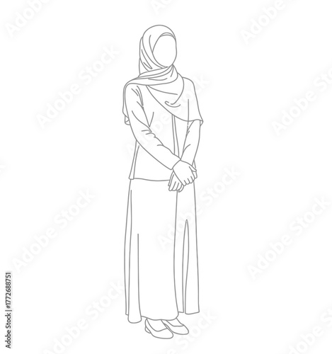 Elegant muslim woman in hijab and long skirt minimalist line drawing vector graphic vector