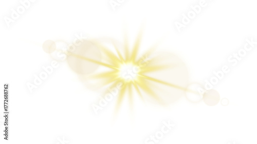 Abstract sun light lens flare effect with shining ray and circles. Bright flash light effect. Golden shine glow star light