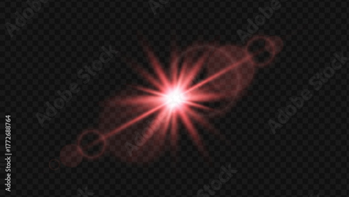 Dynamic red lens flare with star burst effect and optical rings creating a striking light on transparent background.