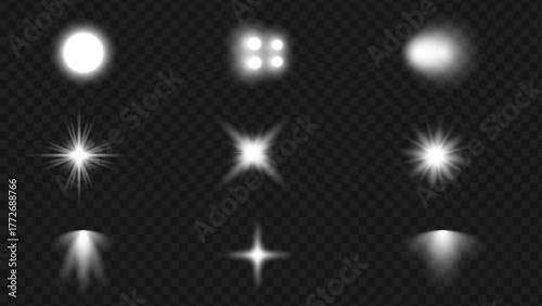 Collection spotlight light effect isolated on transparent background. Bright stage lighting with light rays. Luminous glare