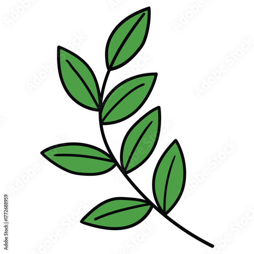 Hand-drawn cartoon branch with green leaves on a white background.