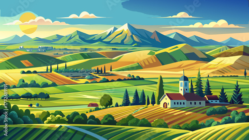 Very beautiful scenic view of Nampa, Idaho, USA, featuring lush green fields, rolling farmland, and a clear blue sky under bright sunshine, capturing the peaceful rural landscape.