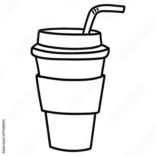 Hand-drawn doodle of a disposable paper cup with straw on a white background.