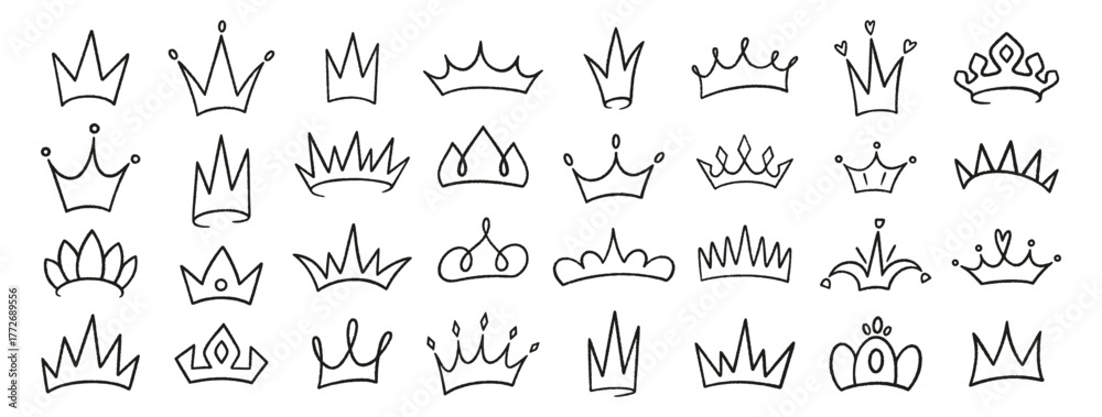 Obraz premium Crowns crayon icons set. King or queen crown, doodle. Hand drawn prince and princess head accessories. Black line art royal diadem, majestic tiara on white bg. Sketch of luxurious symbols, vector