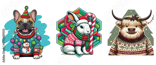 Adorable christmas animals festive sweaters and hats adorable french bulldog bunny and yak designs