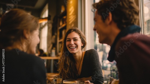 friends laughing together at coffee shop, cozy interior, warm light, joyful conversation, candid photography style, authentic emotions, urban