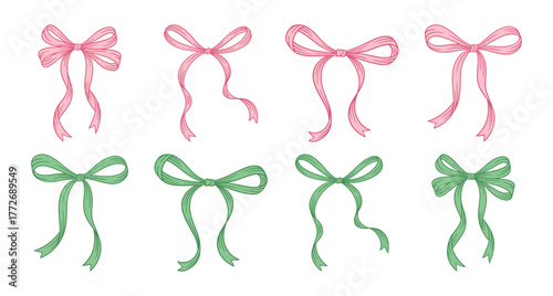Coquette pink and green bow set. Hand drawn different vintage ribbons. Christmas, Valentine's, Birthday gift in retro style. Girly hairstyle accessories, romantic design. Vector illustration.