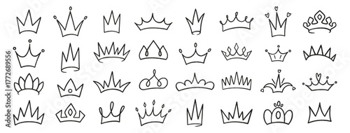 Crowns crayon icons set. King or queen crown, doodle. Hand drawn prince and princess head accessories. Black line art royal diadem, majestic tiara on white bg. Sketch of luxurious symbols, vector