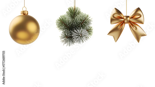 Golden Christmas ornament, frosted pine sprig, and golden bow isolated on transparent background, festive 3D elements, ideal for holiday designs, winter branding, and digital scrapbooking.