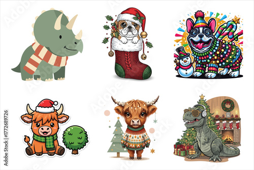 Cute cartoon christmas animals and dinosaur collection festive holiday digital art