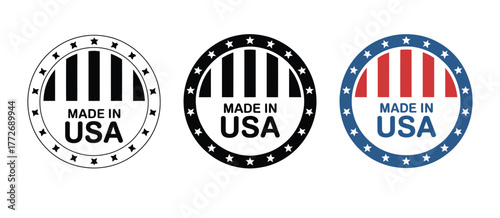 Collection of three circular made in usa product labels vector illustrations for commercial use vector