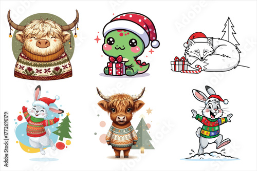 Adorable christmas animals collection festive highland cow cute cartoon characters and holiday themed designs