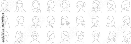 Minimalist line art illustration collection of diverse female faces and hairstyles vector graphics vector