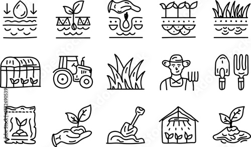 Hand Drawn Agriculture and Hydroponic Farming Outline Icon Set for Sustainable Growth Design