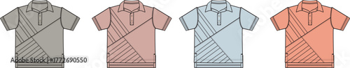 Vector illustration set of men's polo shirts with short sleeves and a dynamic color block stripe design, presented as a fashion technical flat sketch