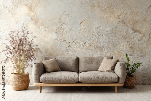 Contemporary sofa arrangement features textured wall and natural floor covering elements