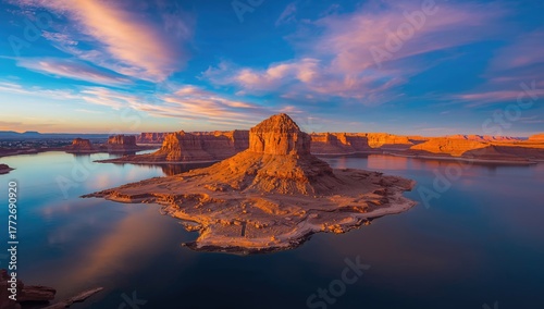 Sunset view at a scenic overlook of a vast reservoir in a national recreation area in the western United States
