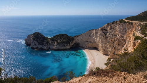 Aerial perspective of a rugged coastline with sandy beach and rocky formations, highlighting natural erosion risk