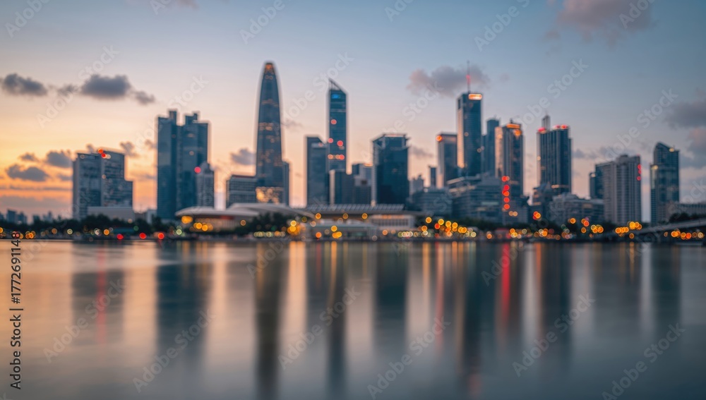 Fototapeta premium Bangkok skyline featuring towering structures at dusk, ideal for editorial header background