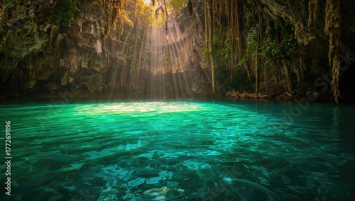 Radiant sunlight illuminating a cenote, highlighting the natural beauty and tranquility of the setting