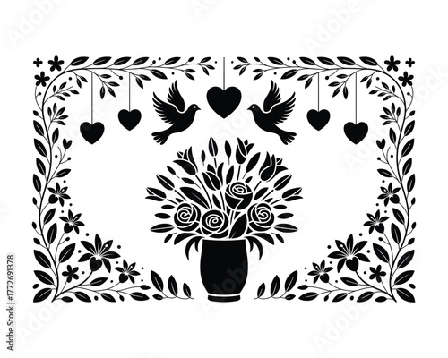 Whimsical black and white silhouette of a romantic floral arrangement with doves and hearts