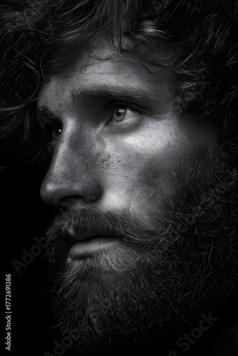 black-and-white portrait of a man with a beard