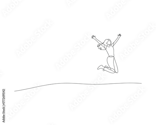 Energetic cartoon sketch of a person jumping for joy with arms raised in a white background