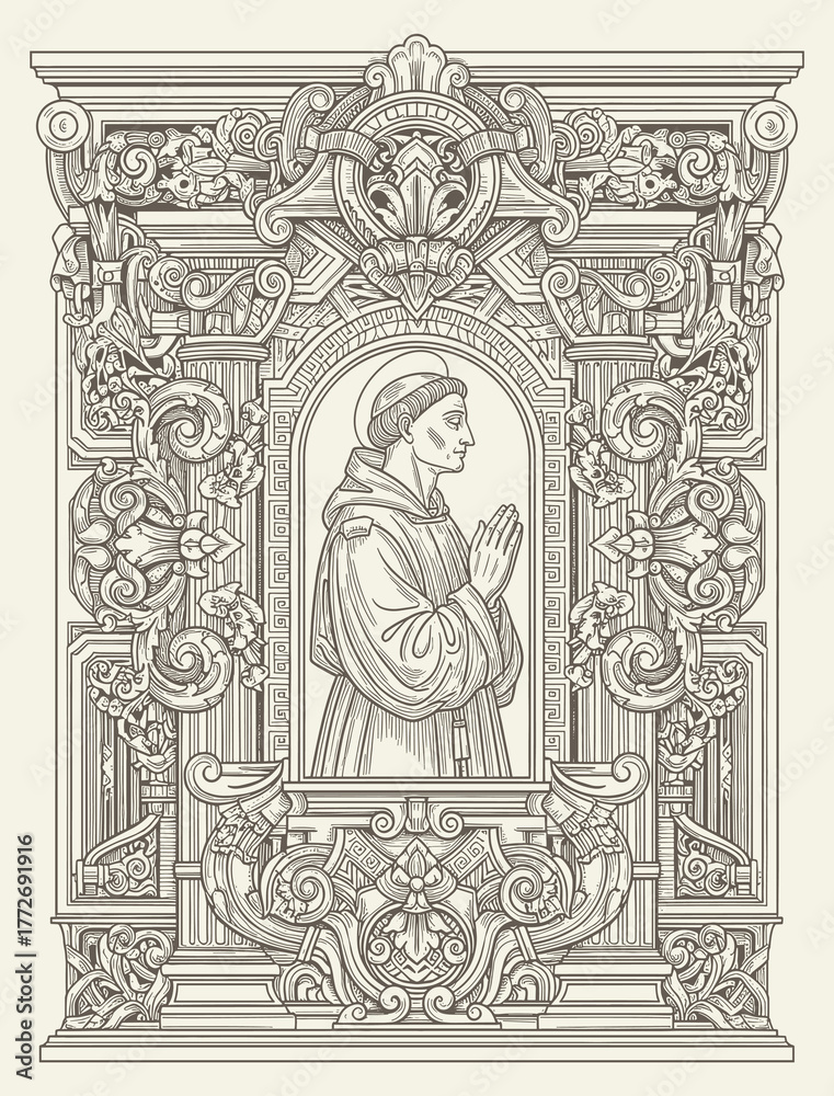 Fototapeta premium Detailed vintage engraving of praying monk in ornate baroque frame with floral scrolls and architectural elements.