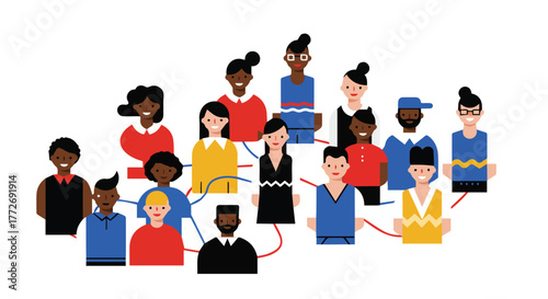 Diverse group of people connected by red lines, illustrating community and networking concepts