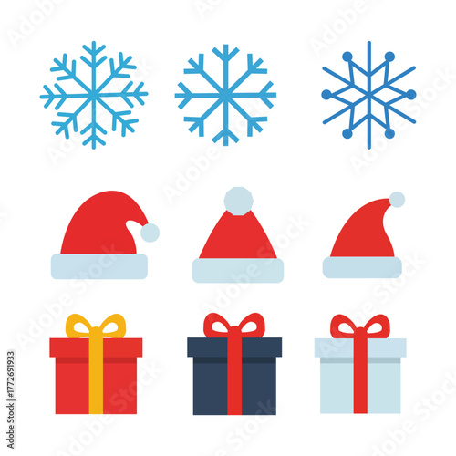 Festive Assortment: A collection of snowflake, Santa hat, and gift illustrations, evoking the joy and anticipation of the holiday season. 