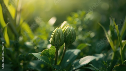 Close-Up of Green Flower Buds in a Natural Garden, Observing Seasonal Change