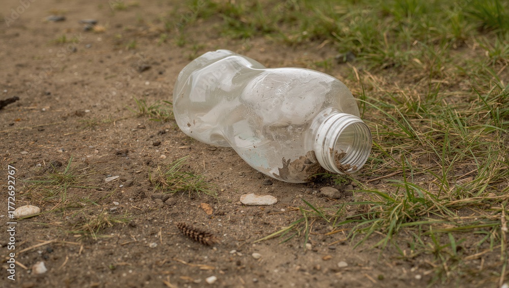 Obraz premium Used Plastic Bottle discarded on the ground, contributing to environmental pollution