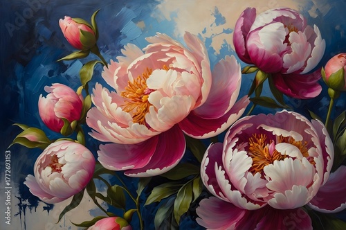 Pink Peony Blooms with Textured Blue Background