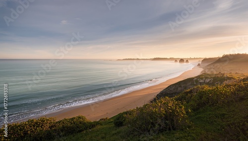 Serene sunrise over the ocean shore, featuring peaceful waters and a vast sandy coastline, evokes profound joy and relaxation.