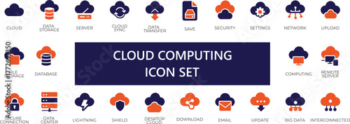 Essential cloud computing vector icon set including data transfer, storage, server, and security symbols for modern design needs. Perfect for tech UI, apps, and digital product presentation