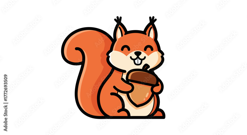 Fototapeta premium Cute squirrel cartoon holding acorn vector illustration for graphic design and kids projects with smile face