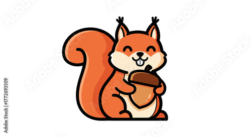 Cute squirrel cartoon holding acorn vector illustration for graphic design and kids projects with smile face
