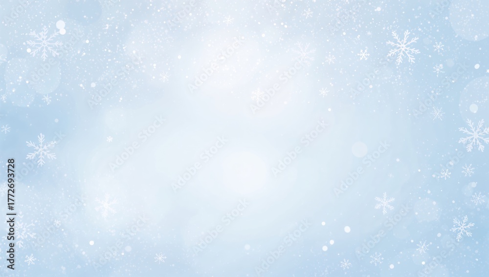 Fototapeta premium Abstract winter background in light blue with white snowflakes