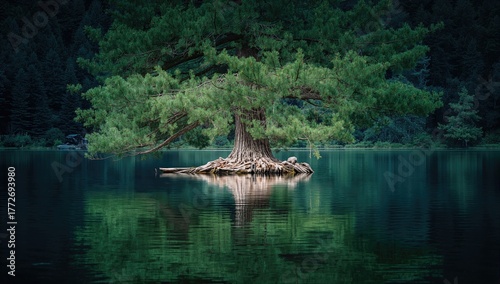 Fototapeta Naklejka Na Ścianę i Meble -  Water Reflections of a Spruce Tree, Seasonal Change