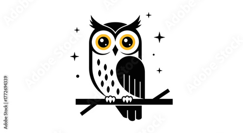 Stylized owl illustration perched on branch with stars nocturnal bird vector graphic design element icon logo 100