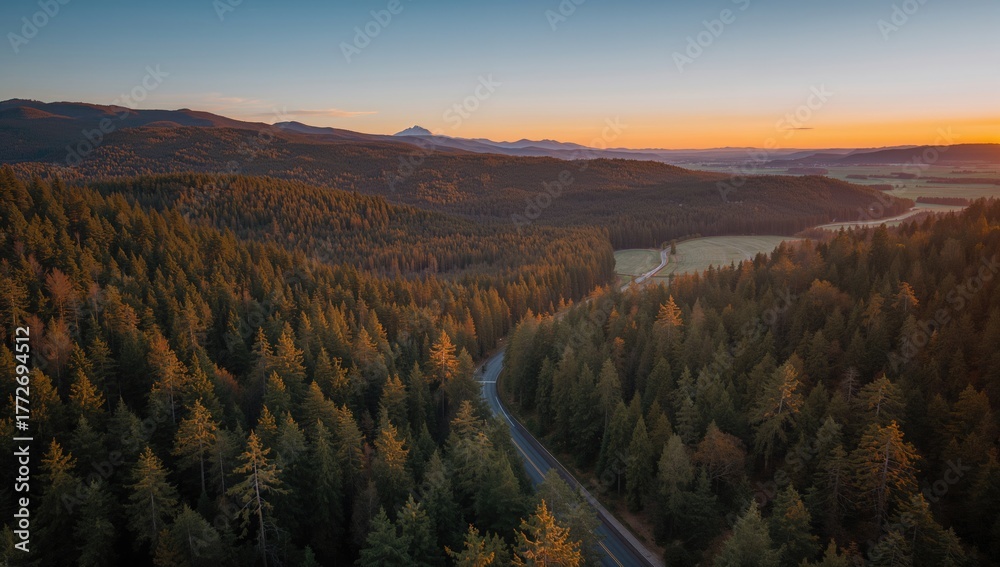Naklejka premium Aerial view of a mountain road surrounded by woods at sunset, showcasing seasonal change