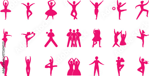 Dance Icon Set, Ballet Salsa Hip Hop Tango Jazz Samba Flamenco Disco Freestyle Silhouette Vector Illustration.