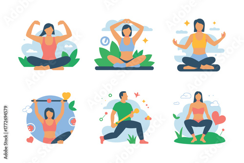 Various yoga and fitness poses depicted in flat vector illustration style art