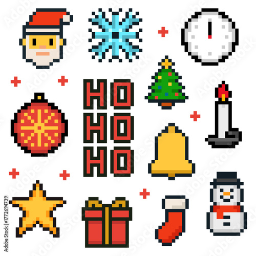 Pixel art Christmas and New Year icons set in 8 bit retro style. Includes Santa, snowflake, clock, Christmas tree, candle, gift, stocking, snowman, and bell. Perfect for holiday greeting cards, social